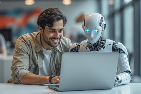 Man and AI humanoid robot using laptop work together and collaborating, symbolizing AI agent partnership help job and work with AI