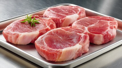 Four raw pork chops, marbled and thick cut, rest on a stainless steel tray, ready for seasoning and cooking, promising a delicious and savory meal experience.