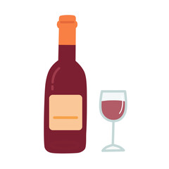 Flat Design Red Wine Bottle with Glass Drink Illustration