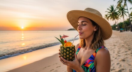 A woman in a swimsuit drinking a pineapple cocktail on a beach at sunset.