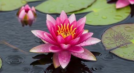 A vibrant pink lotus flower, glistening with water droplets, rests gracefully on a dark pond, surrounded by lush green leaves.