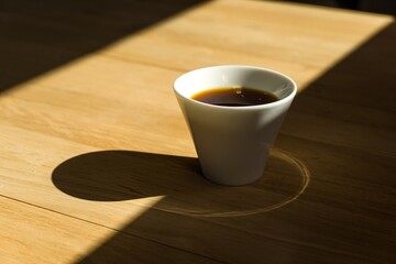 A cup of coffee in a white cup placed on a wooden table. Symbolize a time of relaxation and recharging.