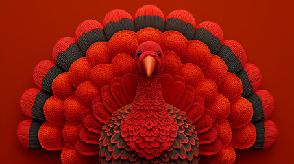 Festive Thanksgiving Turkey Illustration: A vibrant and colorful depiction of a turkey with a striking red and black feather display, perfect for holiday greetings, invitations, and seasonal designs