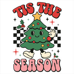 Naklejka premium Tis the Season - funny Retro Xmas typograph T-shirt, Festival greeting december Concept, retro christmas graphic Design 
