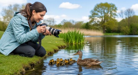 A woman taking a photograph of a duck and her ducklings in a pond.
