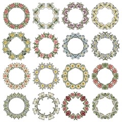 A collection of decorative floral wreaths in various pastel colors, perfect for adding a touch of elegance and nature to any design project.