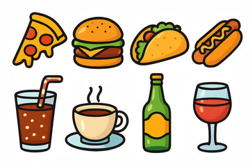Colorful cartoon fast food icons: pizza, burger, taco, drink, coffee, bottle, wine