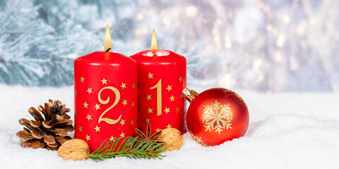 Second 2nd Sunday in advent Christmas time copyspace copy space with burning candle snow winter panorama