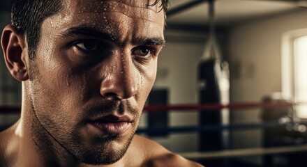 Sweaty male boxer closeup in ring looking away with serious expression. Intense athlete portrait for fitness motivation and sport.