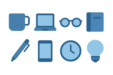 Minimalist blue technology icons: office and creativity essentials
