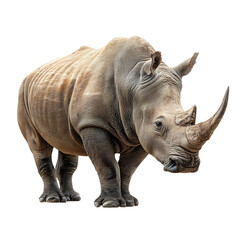 Obraz premium A Majestic White Rhinoceros Standing Proudly Against a Pure White Background, showcasing its powerful build and impressive horn.
