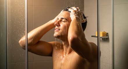 A man taking a shower with shampoo on his head.
