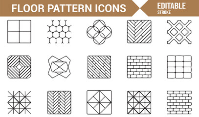 Outline vector icons of floor textures including herringbone, mosaic, and parquet tiles