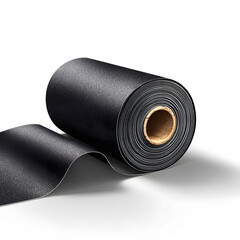  Rolled dark textured material unwinding with a visible cardboard core on a white background