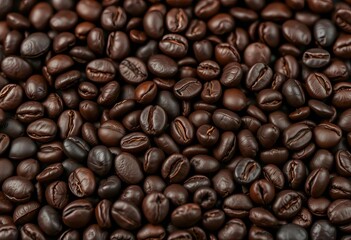 Obraz premium Close-up of dark roasted coffee beans on black background, background, photography