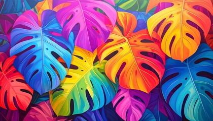 Close-up of vividly colored Swiss cheese plant leaves. Each leaf bursts with vibrant hues, from hot pink to electric blue, in a stylized, almost artificial representation. Deep shadows create depth