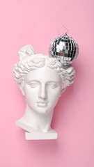 Classical bust with disco ball, pastel pink background