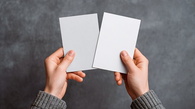 Two white cards are being held by a person
