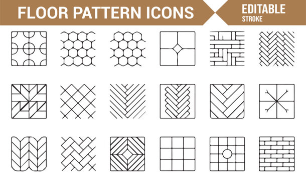Editable floor tile pattern icons set including parquet, herringbone, brick, and geometric designs