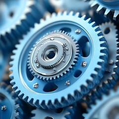 Close-up of numerous interconnected gears.  Interlocking blue and silver metal gears, detailed close-up view