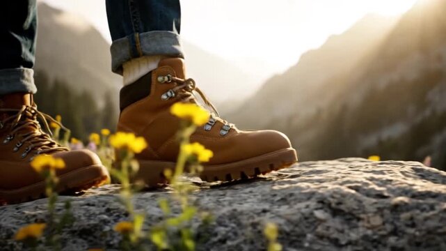 Close up of a person wearing a brown hiking boot stepping on a rock with wildflowers and mountains in the background during golden hour