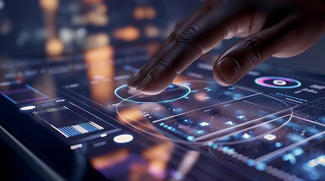 未来的なタッチパネルを操作する手｜Hand Operating a Futuristic Touch Panel