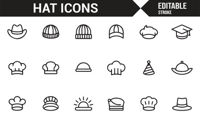 Hat icons set in editable stroke design for clothing, fashion, and cultural graphics