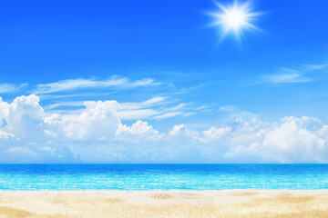 Sea beach, turquoise ocean water, paradise tropical island, beautiful exotic nature panorama landscape, golden sand, sun blue sky white clouds, summer holidays, vacation, travel banner, copy space