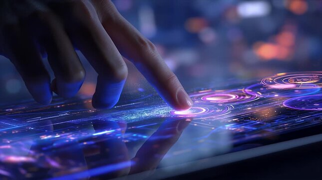 光るパネルに触れる手｜Hand Touching a Luminous Panel