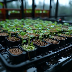 Close-up of numerous small plants in dark plastic pots, arranged in rows on a dark tray. Water droplets cling to leaves and soil.  A greenhouse setting is suggested by the background