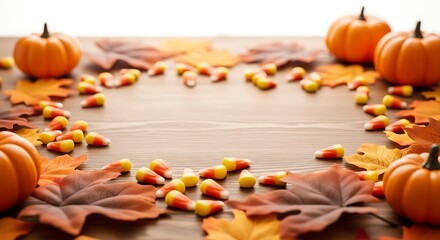 Pumpkin and Candy Corn with Fall Leaves