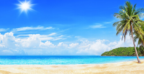 Sea beach, turquoise ocean water, paradise tropical island, beautiful exotic nature panorama landscape, coconut palm tree, sand, summer holidays, vacation, travel banner, Caribbean, Thailand, Maldives