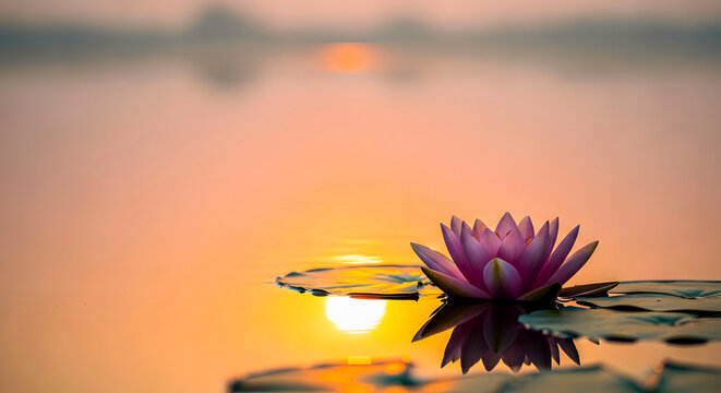 Serene pink lotus flower floating on calm water reflecting the warm orange glow of sunrise, evoking peace and tranquility - Powered by Adobe