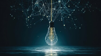 Lightbulb surrounded by floating geometric shapes, symbolizing innovation against dark backdrop.