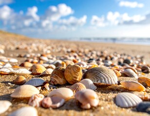 Seashells on Sandy Beach.