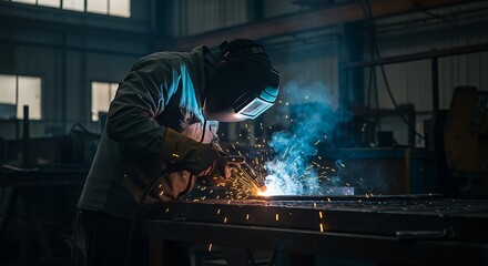 Professional Welder in a Dark Factory with Protective Equipment