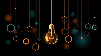 Lightbulb surrounded by floating geometric shapes, symbolizing innovation against dark backdrop.