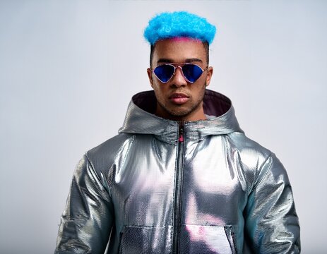 AI Generative Stylish Young Man with Blue Afro and Heart-Shaped Sunglasses Wearing Metallic Silver Hooded Jacket