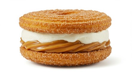 Dulce de leche churro ice cream sandwich isolated on white background for dessert and bakery photography