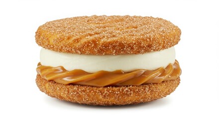 Dulce de leche churro ice cream sandwich isolated on white background for dessert and bakery photography