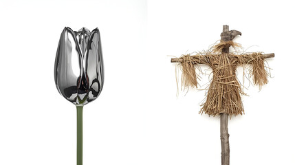 Chrome tulip with paddy field scarecrow isolated on white background for floral decorative rural nature design
