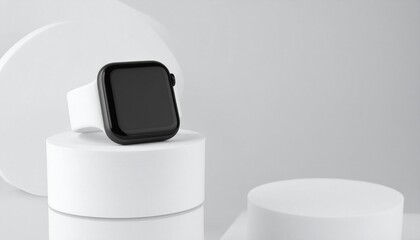 Black Smartwatch with White Band on White Cylinders