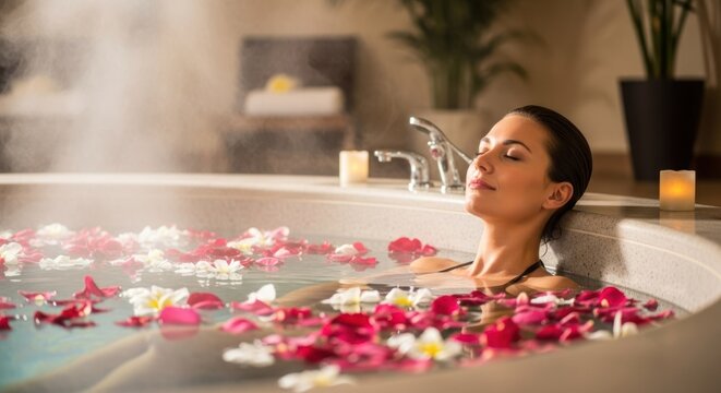 A woman relaxing in a luxurious spa setting with a hot tub filled with flowers and candles.