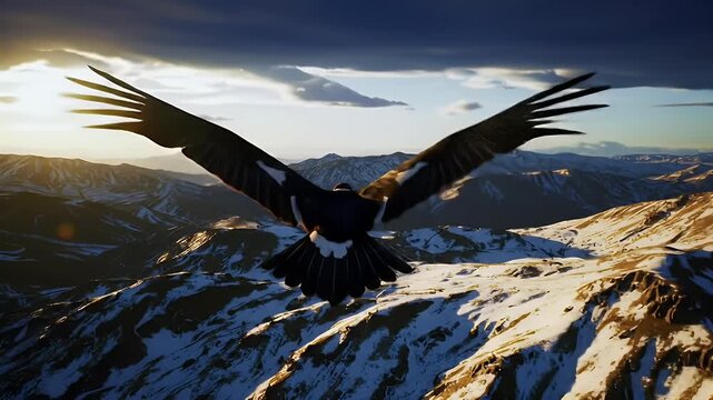Majestic Andean condor soars with outstretched wings over a vast, snow-dusted mountain range at sunset, bathed in golden light.