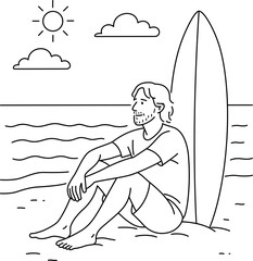 Simple Line Art Man Sitting at Beach with Surfboard Illustration