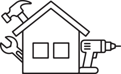 Renovation Tools with House Minimal Line Art Icon