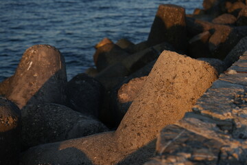 Concrete breakwater blocks (tetrapods) on the seashore with the blue water of the Black Sea in the background. These structures are used to protect the coast from waves and erosion.