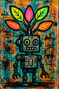 Whimsical robot with vibrant leaves sprouting from its head stands against a textured, abstract background in a playful, modern art style.