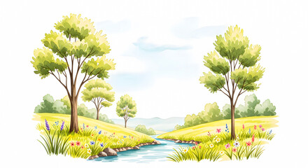 Watercolor Landscape with River, Trees, and Wildflowers