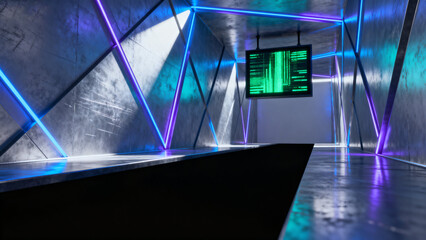 Futuristic corridor with neon lighting and digital display
